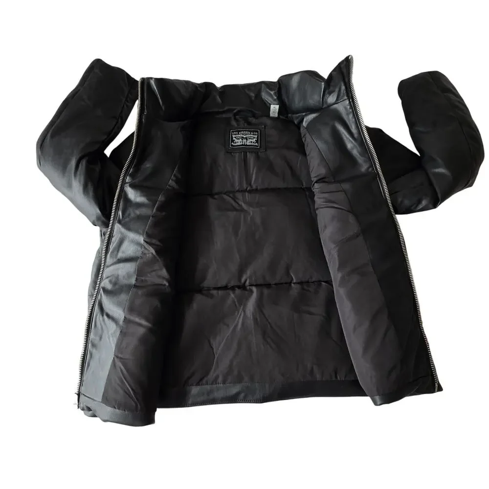 New Levi Strauss Faux Leather Short Puffer Zip up Black Women's Jacket Size XL - Picture 3 of 11